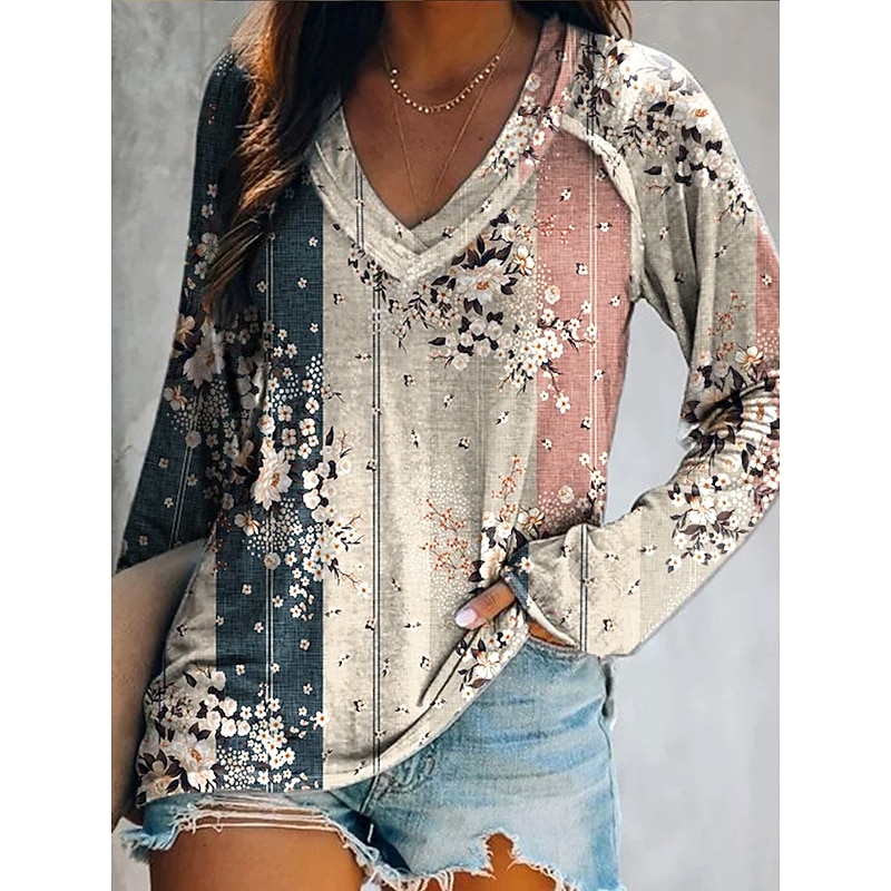 Women's T shirt Long Sleeve V Neck Long Sleeve Graphic Casual Floral Geometric Vintage Western Regular Tops Daily Weekend Vacation Wear Print Yellow Wine Dusty Rose Spring Fall Prefall