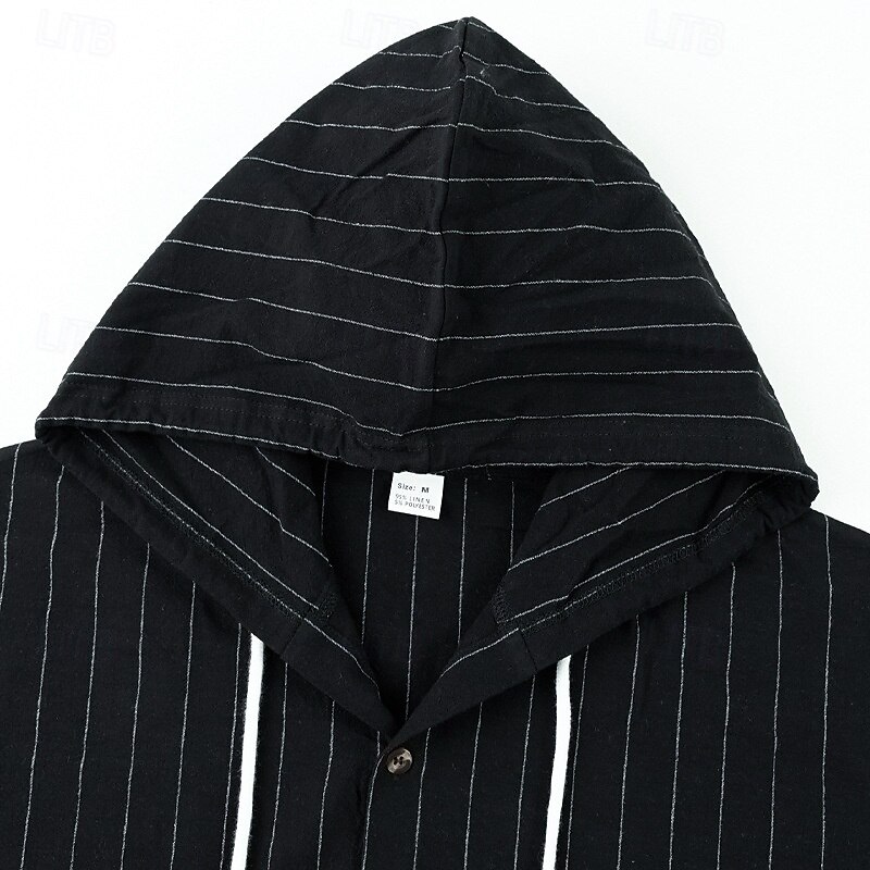 Men's Shirt Linen Shirt Casual Shirt Button Up Shirt Cotton Shirt Stripe Vacation Hawaiian Black White Navy Blue Khaki Long Sleeve Hooded Spring Fall Clothing Apparel Drawstring4
