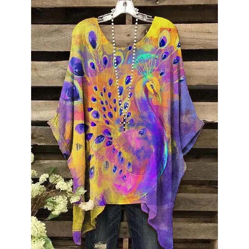 Women's Blouse Graphic Geometric Elegant Vintage Daily Short Sleeve Batwing Sleeve Crew Neck Regular Tops Daily Holiday Vacation Wear Yellow Pink Purple Orange Summer Spring3