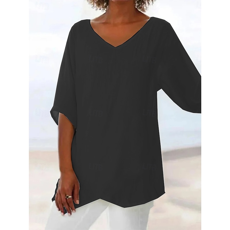 Women's Blouse Long Sleeve Asymmetrical Hem Solid Color Graphic Plain Hawaiian Stylish Casual 3/4 Length Sleeve V Neck Regular Tops Daily Holiday Going out Print Asymmetric Hem Black White4