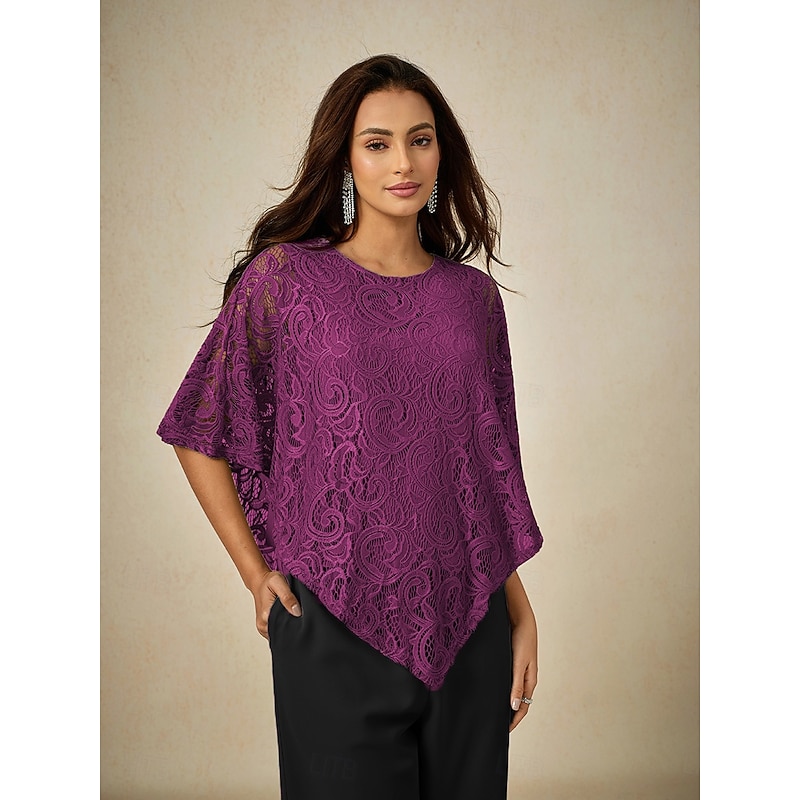 Women's Blouse Dressy Tops Plain Elegant Half Sleeve Crew Neck Regular Tops Wedding Guest Daily Lace Patchwork Layered Purple Summer Spring - Main Image
