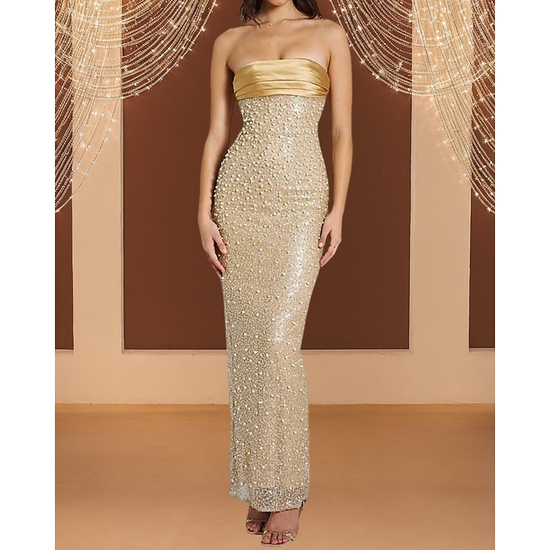Gold Sequin Dress Mermaid / Trumpet Evening Gown Elegant Dress Formal Semi Formal Wedding Floor Length Maxi Dress Sleeveless Strapless Pleated Satin with Pearls Beading - Main Image