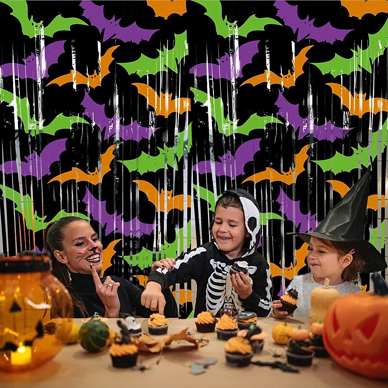 Halloween Foil Fringe Curtain Tinsel Curtain Backdrop Party Decorations with Bat, Pumpkin and Ghost, Spooky Party Backdrop and Photo Booth Decoration