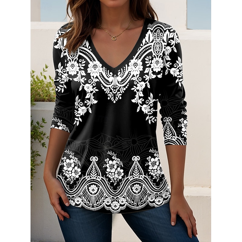 Women's T shirt Long Sleeve V Neck Long Sleeve Tunic Graphic Plants Vintage Elegant Bohemia Vintage Regular Tops Daily Going out Weekend Print Black White Pink Dusty Rose Red Spring Fall Prefall