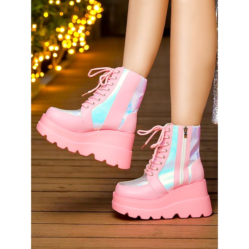 Women's Pink Platform Combat Boots, Holographic Lace-Up Chunky Heel Ankle Boots with Side Zipper, Bold Street Style for Nightlife and Party Outfits3