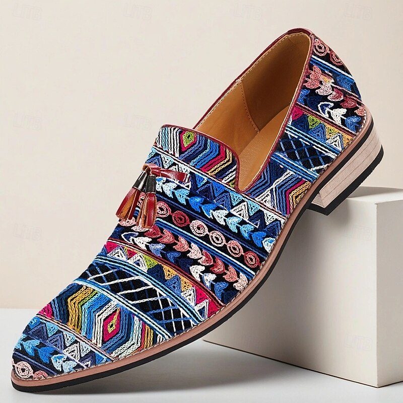 Men's Ethnic Pattern Jacquard Loafers with Faux Leather Accents, Boho Style Slip-Ons for Art Shows, Summer Weddings and Creative Professionals