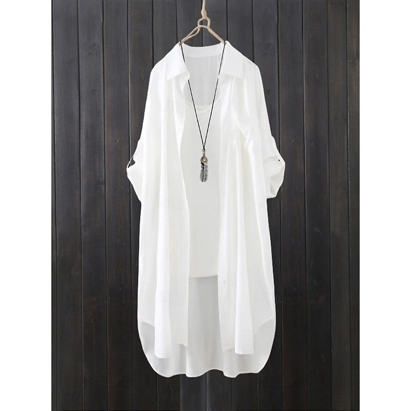 Women's Shacket Comfortable Breathable Buttons Casual Plain Vacation Street Casual Daily Wear Single Breasted Long Lapel Regular Fit Long Sleeve Outerwear White Blue Spring Fall