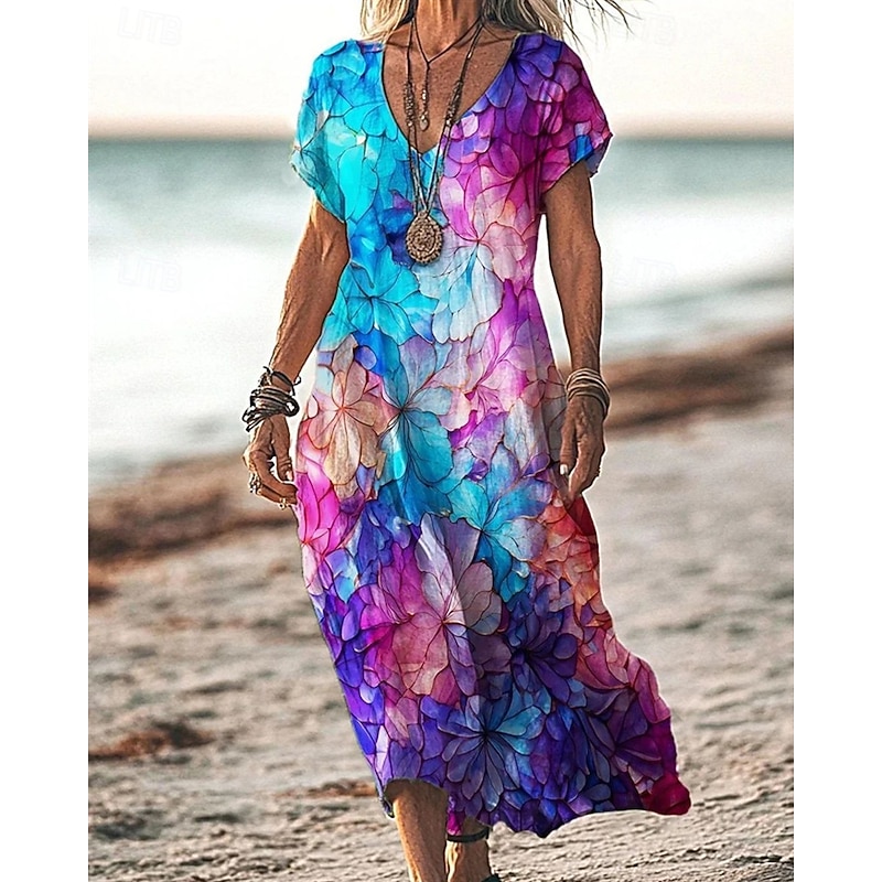 Women's Long Dress Maxi Dress Casual Dress Summer Dress Fashion Outdoor Party Holiday Regular Fit Flower Short Sleeve V Neck Yellow Blue Purple Brown Summer4