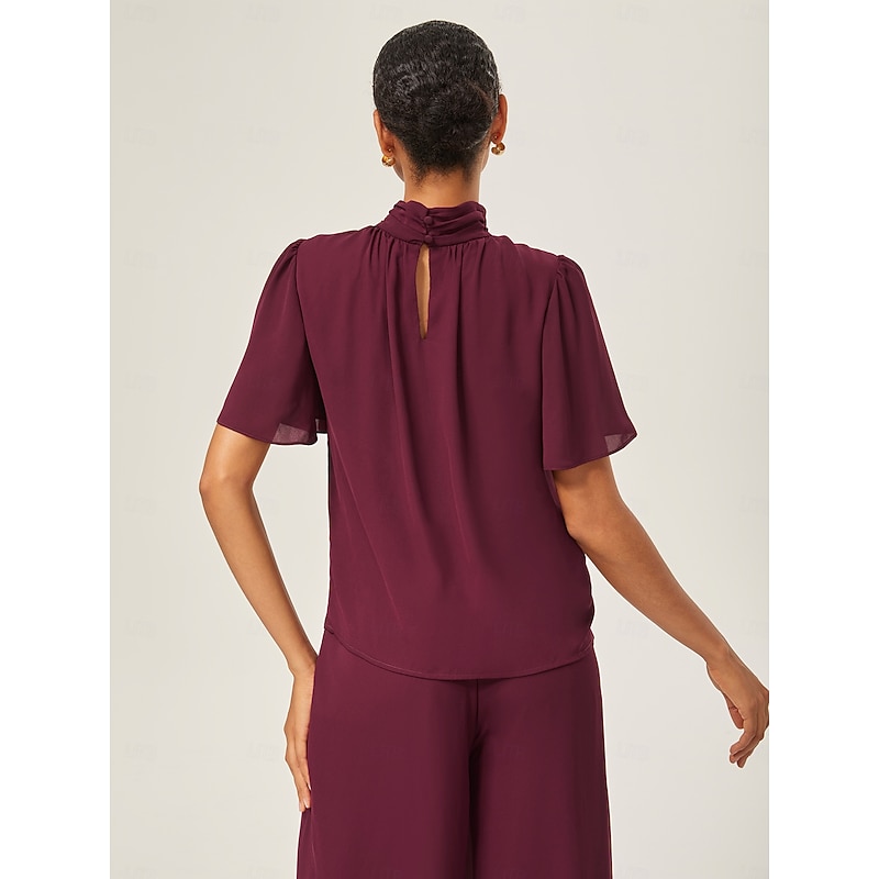 Chiffon Shirred High-Neck Blouse4