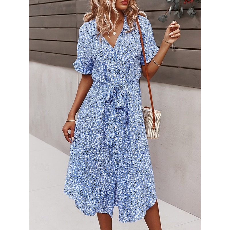 Women's Midi Dress A Line Dress Casual Outdoor Going out Regular Fit Floral Short Sleeve Turndown Black Yellow Red Sky Blue Summer3