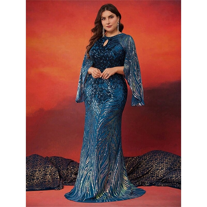 Mermaid / Trumpet Plus Size Dresses Elegant Curve Dress Formal Wedding Floor Length Long Sleeve Crew Neck Polyester with Slit3