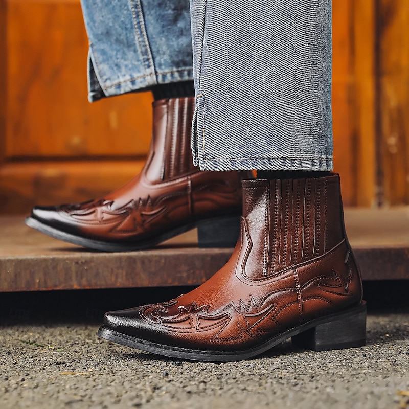 Men's Western-Style Brown Leather Cowboy Ankle Boots with Embroidered Flame Design – Fashion Boots for Country Events, Rodeos and Casual Outfits2