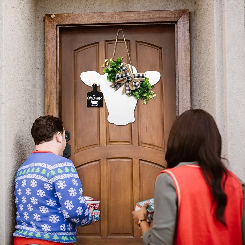 Farmhouse Cow Head Door Wreath with Buffalo Plaid Bow, Faux Floral Front Door Garland with Wooden Calf Sign, Rustic Country Wall Decor3