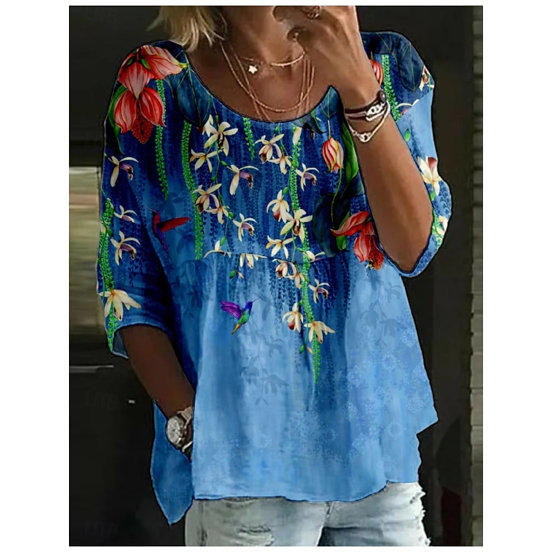 Women's Blouse Floral Stylish 3/4 Length Sleeve Crew Neck Regular Tops Daily Holiday Print Pink Navy Blue Royal Blue Blue Dusty Blue Summer2