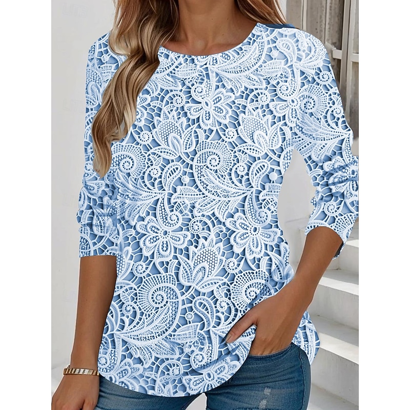 Women's T shirt Long Sleeve Crew Neck Long Sleeve Tunic Floral Graphic Vintage Stylish Classic Regular Tops Daily Weekend Print Pink Blue Purple Green off-white  Prefall3