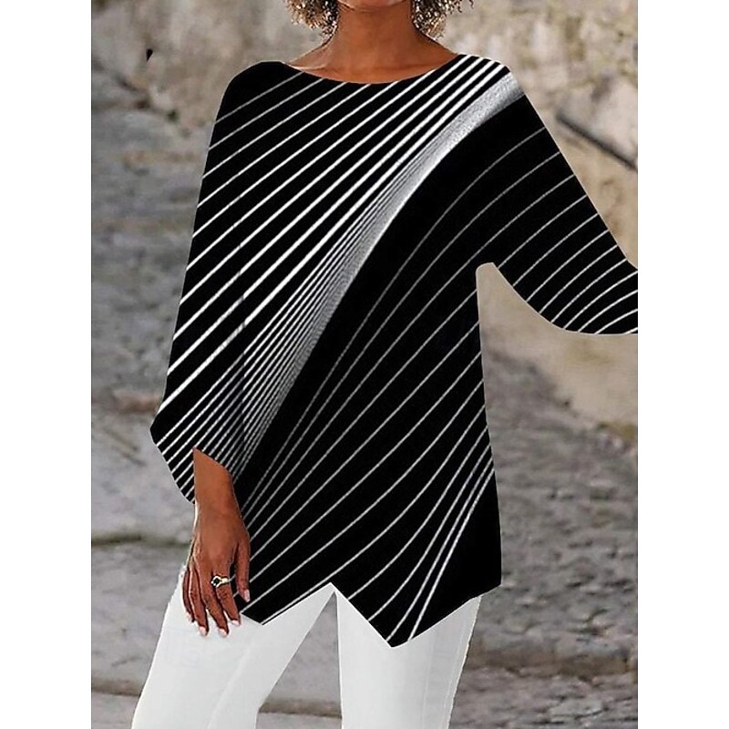 Women's Blouse Striped Daily Stylish Long Sleeve Crew Neck Regular Tops Daily Holiday Print Asymmetric Hem Black Summer Spring