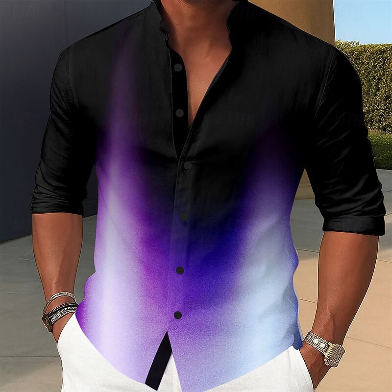 Men's Gradient Color Shirt Button Up Shirt Stand Collar Shirt Long Sleeve Casual Outdoor Vacation Daily Spring Fall Mandarin Collar Band Collar 3D Print Linen Like Shirt Pink Blue Purple Green