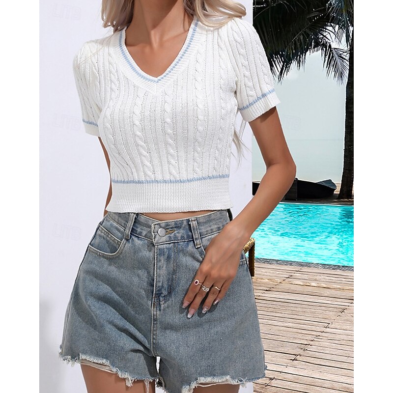 Women's Pullover Casual Solid Color Chunky V Neck Knitted Short Sleeves Regular Tops Knit Daily Holiday Going out White Summer - Main Image