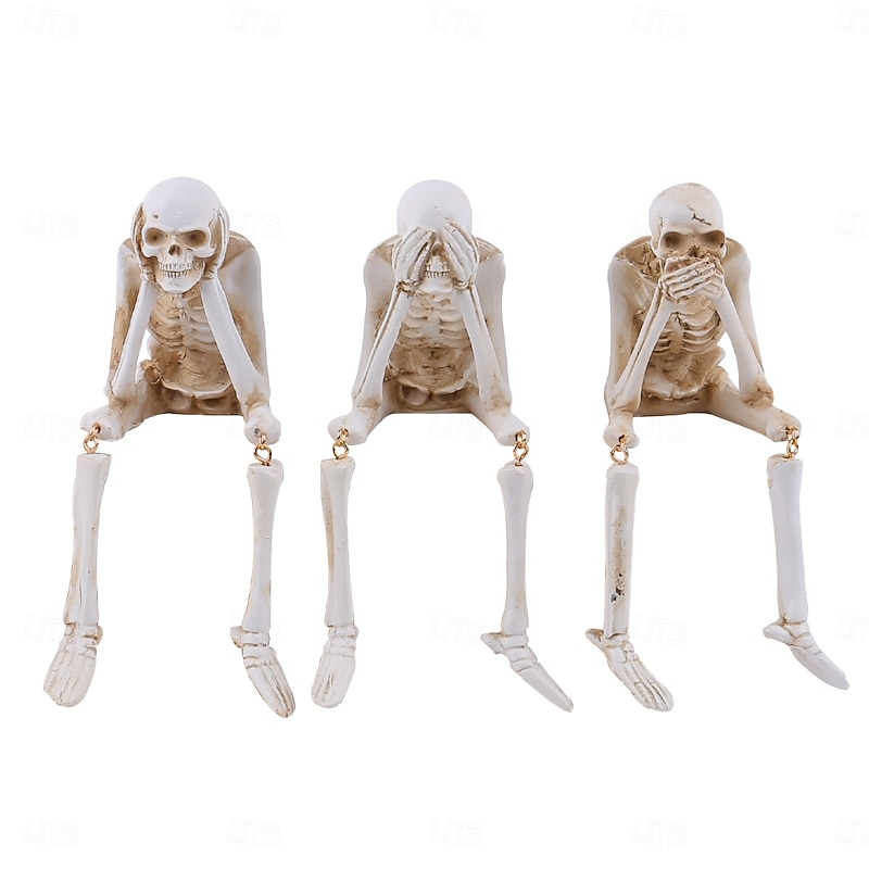 Halloween Resin Skeleton Figurine, See No Evil Hear No Evil Speak No Evil Skull Three Wise Skeleton Statue, Spooky Ghost Festival Decor, Horror Skeleton Craft Ornament3
