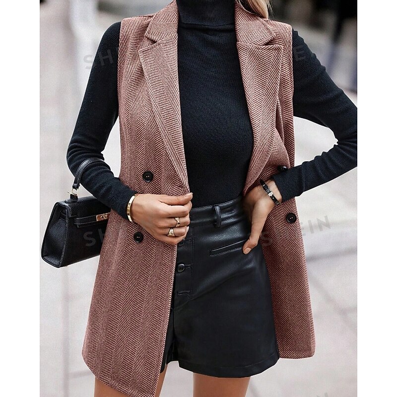 Women's Vest Comfortable Buttons Casual Plain Outdoor Vacation Holiday Casual Daily Double Breasted Long Turndown Regular Fit Sleeveless Outerwear Camel Drak Red Fall Winter3