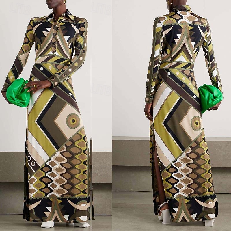 Women's Long Dress Maxi Dress Print Dress Fashion Modern Outdoor Vacation Daily Regular Fit Geometric Long Sleeve Shirt Collar Green Fall