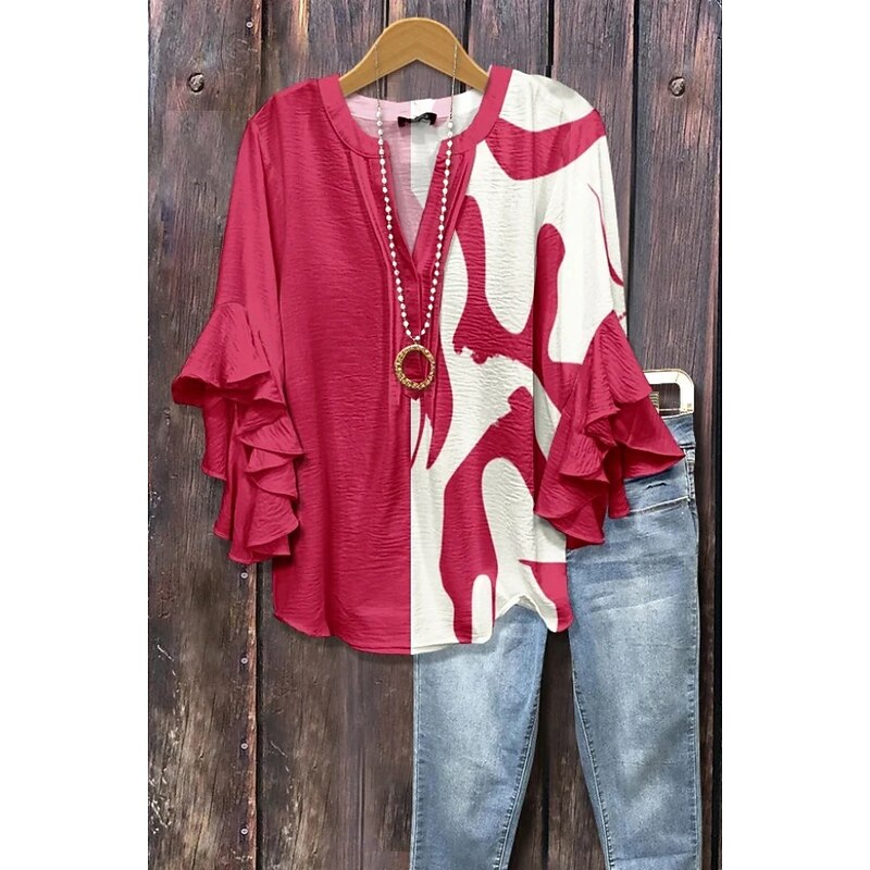 Women's Blouse V Neck Floral Graphic Geometric Bohemia Vintage Daily 3/4 Length Sleeve Flutter Sleeve Regular Tops Daily Holiday Vacation Wear Ruffle Print Black Pink Blue Orange Brown Summer Spring3