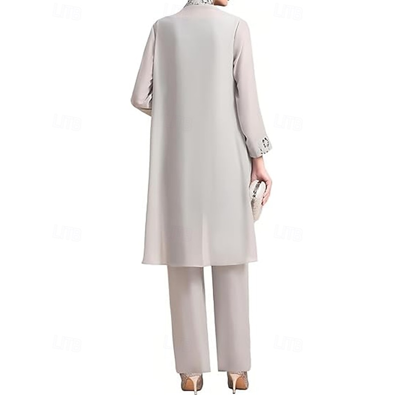 Pantsuit 3 Piece Pantsuit Mother of the Bride Dress Elegant Vintage Simple Boat Neck Floor Length Chiffon Polyester Sleeveless Long Sleeve with Lace Sequin Embroidery2