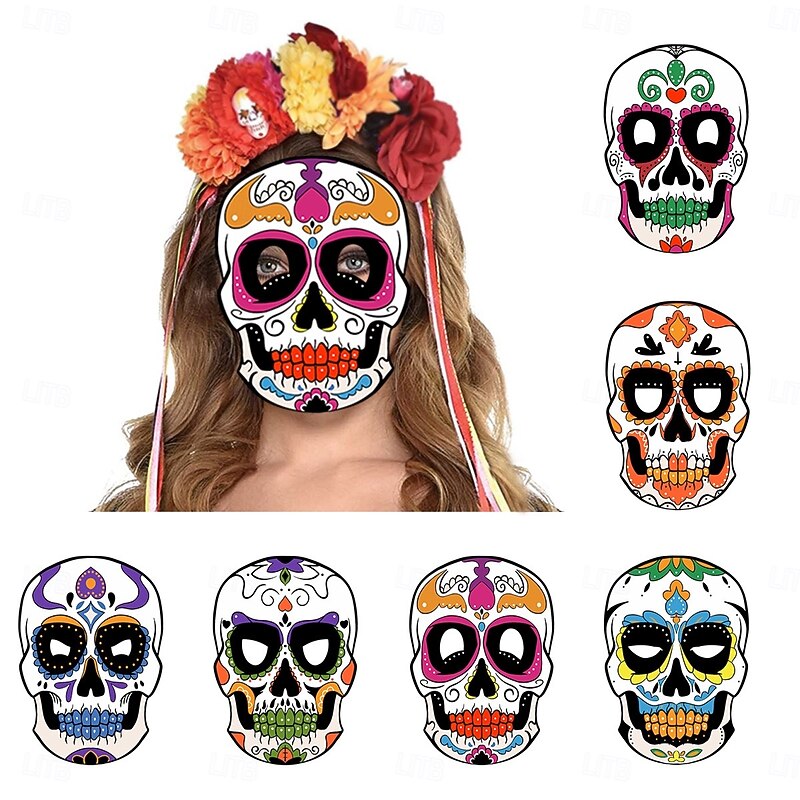 6pcs Mexican Day of the Dead Halloween Paper Masks, Festival Party Decorations, Scary Paper Masks for Halloween and Dia de los Muertos2