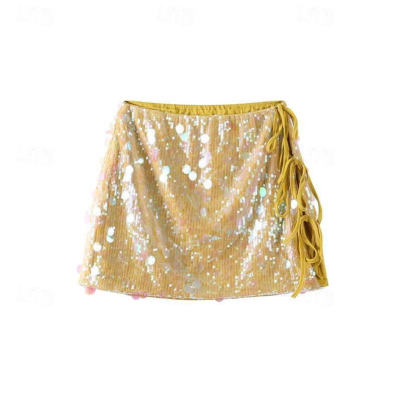 Women's Skirt Sparkly Skirt Fashion Mini Mid Rise Skirts Plain Sequins Micro-elastic Party Cocktail Party Yellow Green Summer Polyester4
