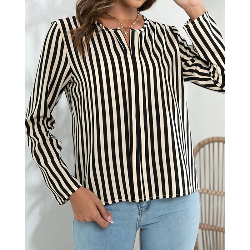 Women's Summer Tops Chiffon Tops Striped Daily Stylish Basic Long Sleeve V Neck Regular Tops Work Daily Holiday Print White Apricot Spring Fall2