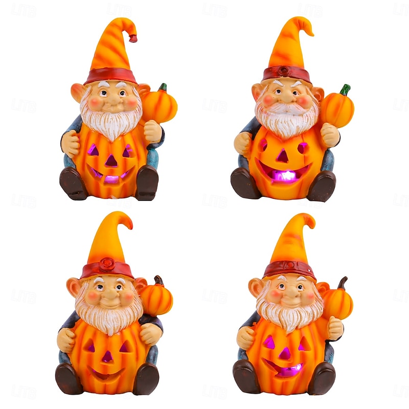 Halloween Pumpkin Gnome Resin Figurine, Glowing Pumpkin Holding Elderly Gnome, Novelty Yard Decoration, Light-Up Resin Craft Statue3