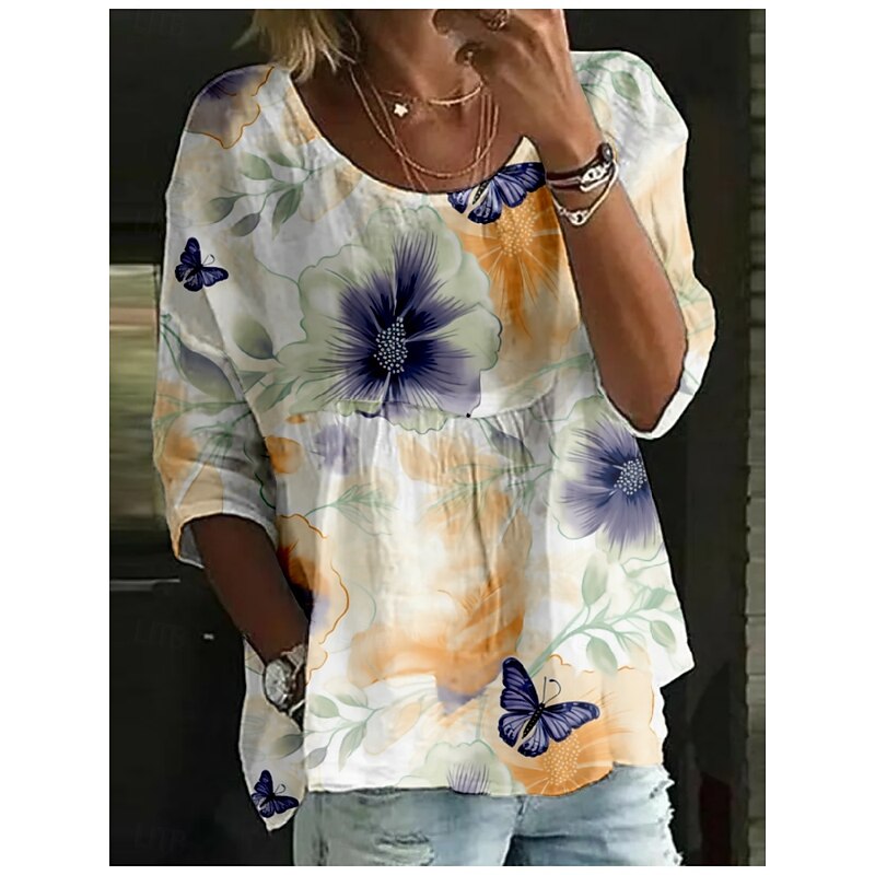Women's Blouse Floral Stylish 3/4 Length Sleeve Crew Neck Regular Tops Daily Holiday Print White Red Royal Blue Blue Orange Summer3