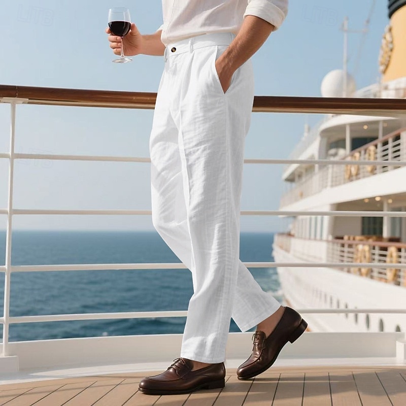 Men's Linen Pants Trousers Summer Pants Casual Pants Buttons Straight Leg Plain Comfort Breathable Full Length Party Business Holiday Fashion Streetwear Black White3