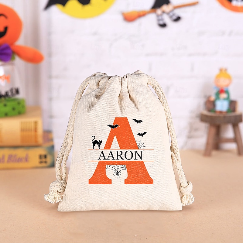 Personalized Halloween Treat Bag for Kids Custom Initial & Name Candy Tote Bag Basket for Trick or Treat, Durable Canvas Gift Sack for Candy & Small Toys