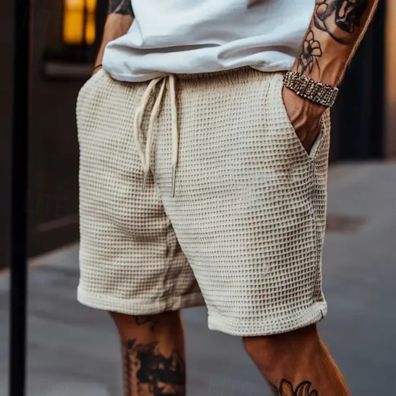 Men's Waffle Shorts Sweat Shorts Shorts Bermuda shorts Baggy Shorts Drawstring Elastic Waist Plain Comfort Sports Knee Length Outdoor Casual Daily Fashion Streetwear Black Blue Micro-elastic
