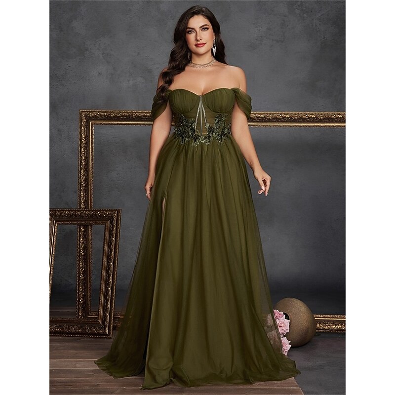 A-Line Plus Size Dresses Elegant Curve Dress Formal Wedding Floor Length Sleeveless Off Shoulder Chiffon Backless with Slit