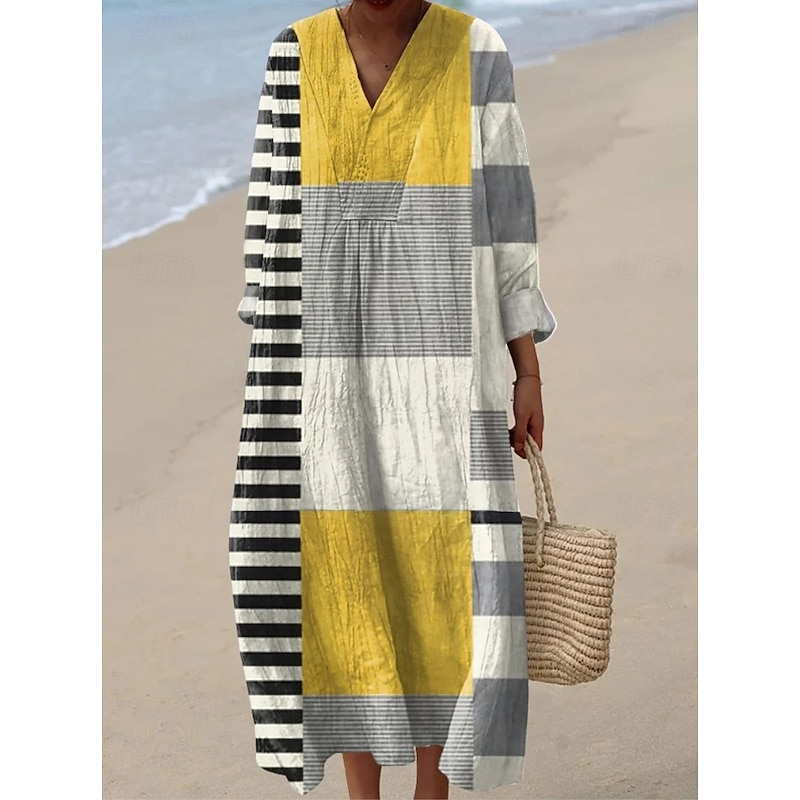 Women's Midi Dress V Neck Long Sleeve Kaftan Lightweight Loose Fit A Line Dress Casual Boho Going out Loose Fit Graphic Geometric Stripe Long Sleeve V Neck Ash Black Yellow Blue3