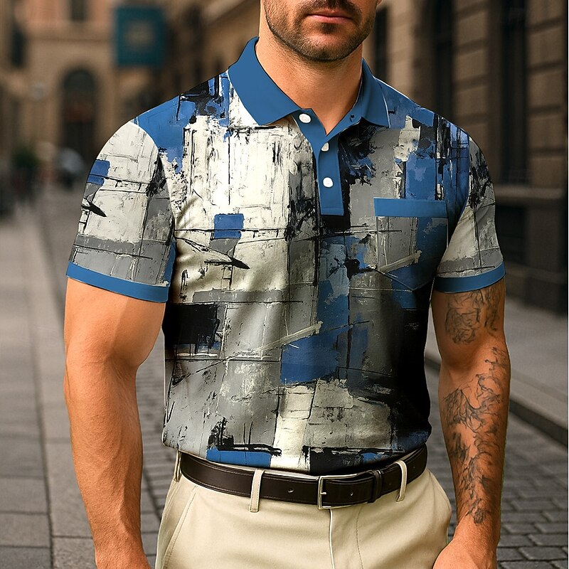 Men's Polo Casual Sports Turndown Short Sleeve Modern Leisure Geometic Line Pocket Buttons Summer Robin's Egg Blue Red Green Polo2
