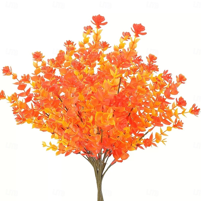 5pcs Fall Artificial Greenery Stems, Sunset Red Eucalyptus Bouquets with Coin Leaves, 7-Branch Plastic Plants for Autumn Thanksgiving Home and Outdoor Decor