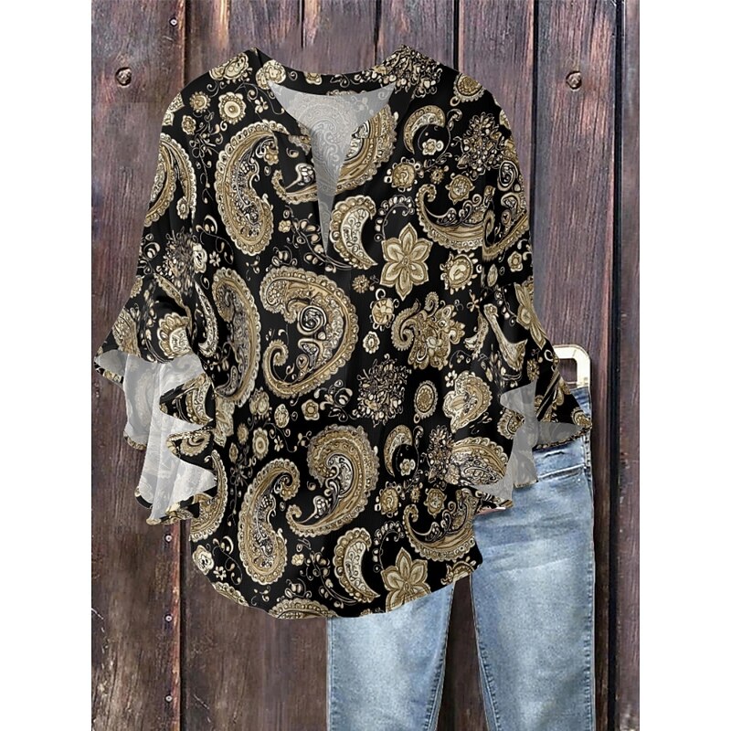 Women's Blouse Paisley Retro Vintage Ethnic 3/4 Length Sleeve V Neck Regular Tops Daily Holiday Ruffle Print Black Blue Lavender Purple Green Summer