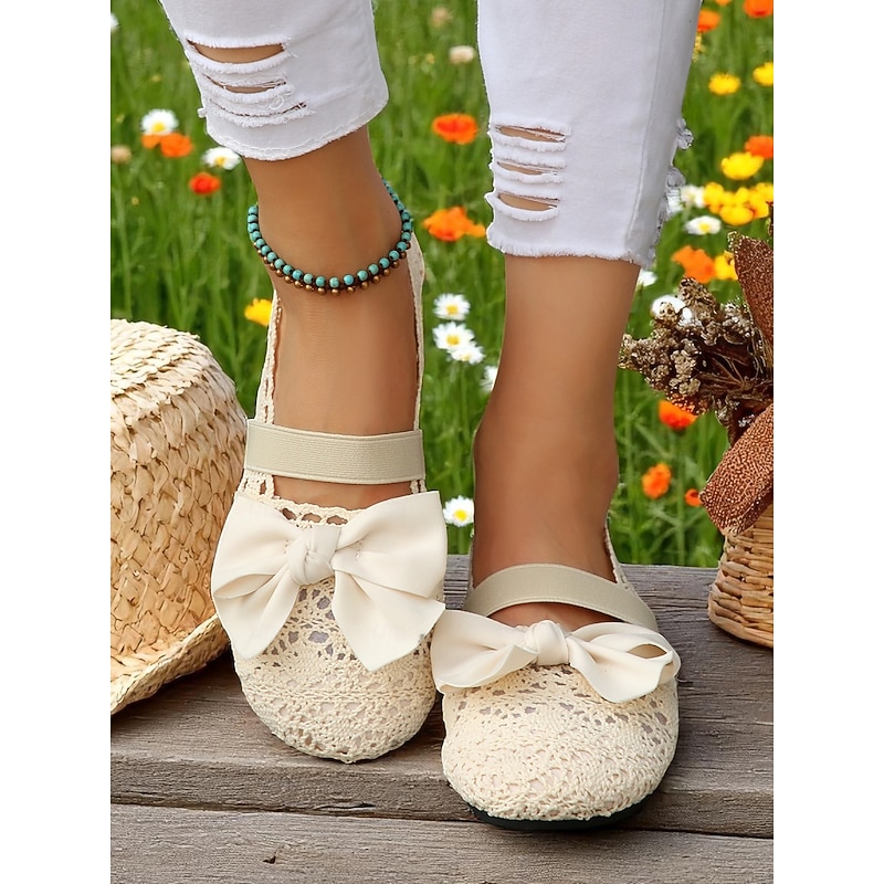 Women's Wide Width Crochet Lace Flats with Bow – Lightweight Romantic Style for Garden Dates, Summer Picnics and Casual Outdoor Events