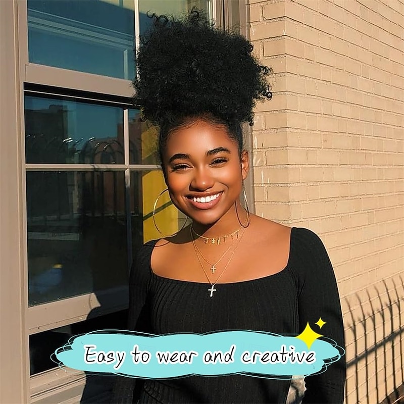 Afro Puff Drawstring Ponytail Extension Short Afro Wigs Curly Bun Hair Pieces For Women Clip On Kinky Curly Synthetic Hairpieces Natural Black 1B4