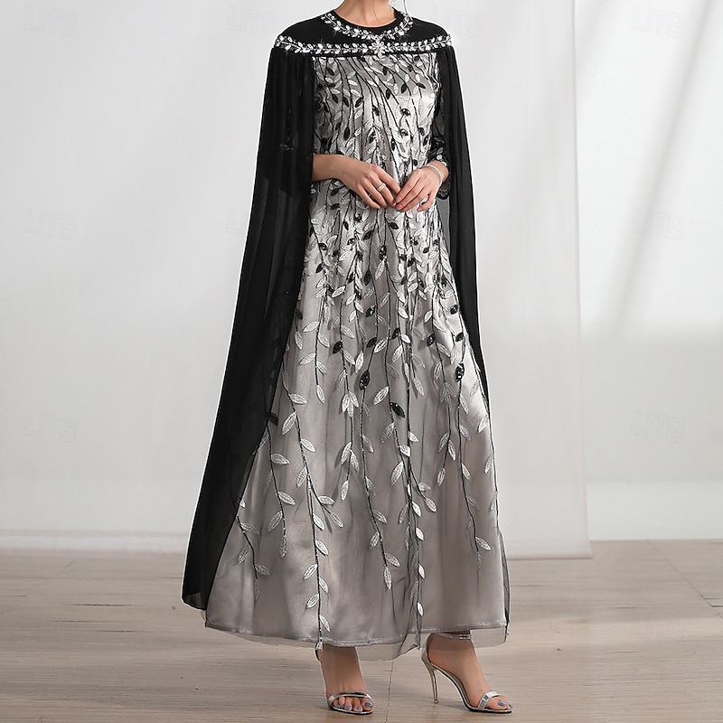 Cape Dress A-Line Mother of the Bride Dress Elegant Crew Neck Crystals Floor Length Long Sleeve with Embroidery Lace