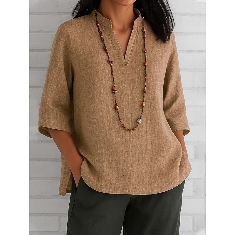 Women's Cotton Linen Shirts Solid Color Basic Casual 3/4 Length Sleeve V Neck Regular Tops Daily Red Blue Green Khaki Summer Spring2