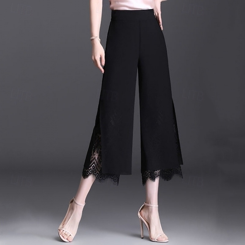Women's Wide Leg Capri Pants Streetwear Casual Calf-Length High Waist Plain Lace Breathability Soft Micro-elastic Vacation Street Daily Wear Black Summer Regular Fit3