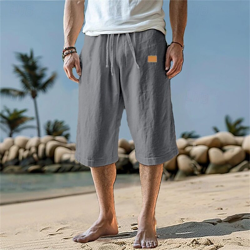 Men's Capri Pants Linen Shorts Summer Shorts Beach Shorts Pocket Drawstring Elastic Waist Plain Comfort Breathable Calf-Length Vacation Holiday Beach Hawaiian Boho Black White Micro-elastic3