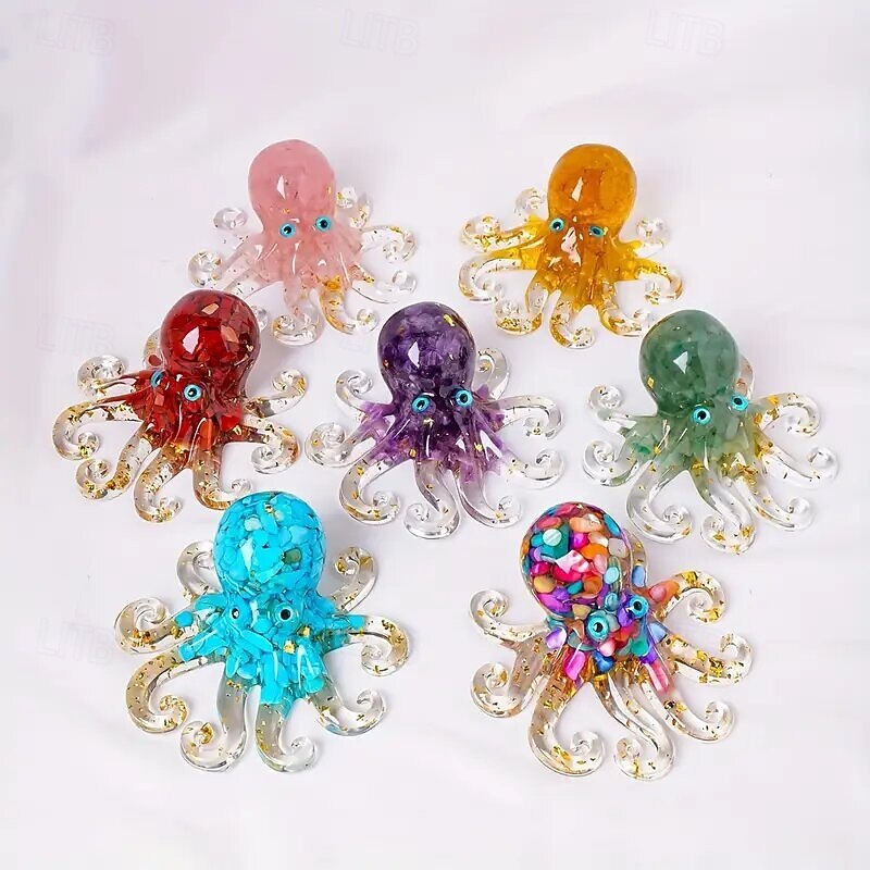 Natural Crystal Chip Resin Octopus Figurine, Handmade Resin Octopus Squid Desktop Ornament, Crystal Ocean Animal Indoor Decoration, Aquarium Decor Gift for Ocean Lovers3