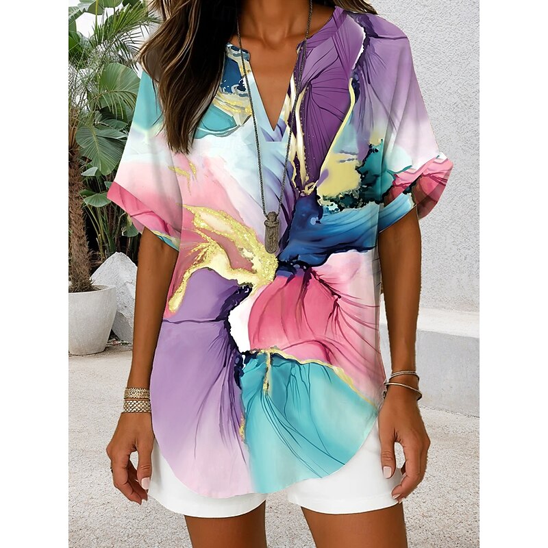 Women's Blouse V Neck Graphic Geometric Elegant Daily Stylish Short Sleeve Regular Tops Daily Holiday Blue Purple Green Summer Spring2