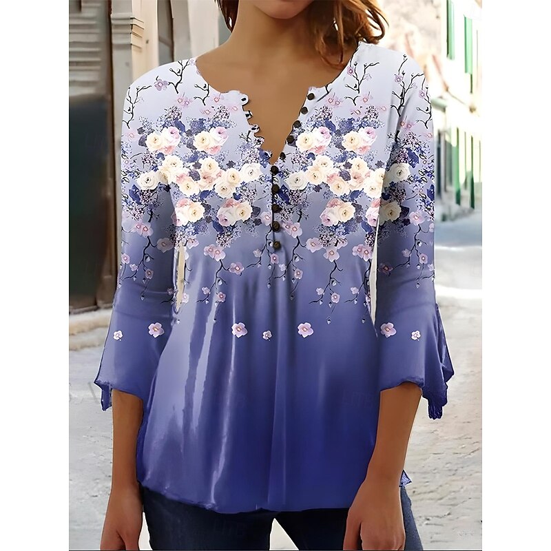Easter Women's Blouse V Neck Ombre Floral Graphic Elegant 3/4 Length Sleeve Regular Tops Daily Going out Buttons White and Pink Blue Purple Summer Spring Fall3