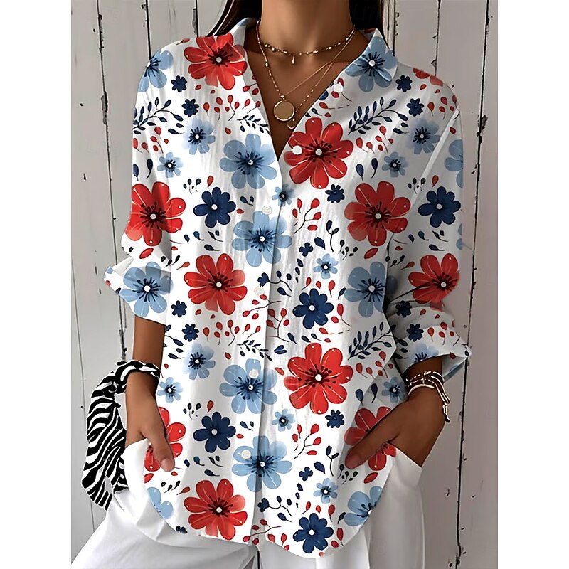 Women's Shirt Button Down Tunic Shirt Collar Long Sleeve Floral Graphic Vintage Tropical Daily Regular Tops Work Daily Holiday s Print Red Blue Green Spring Fall